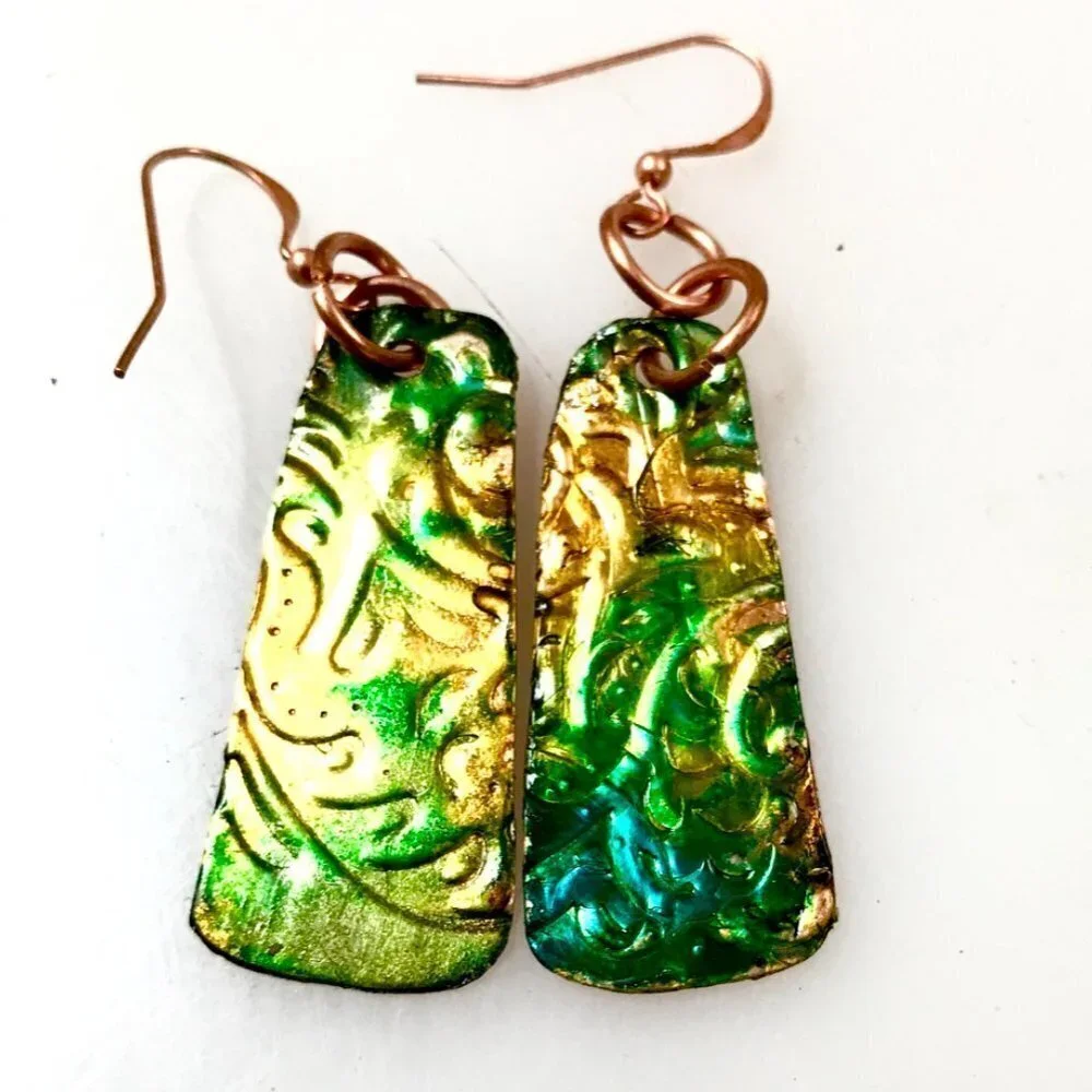 Rustic Little Green Blue Textured Solid Copper Earrings Brutalist Abstract Boho